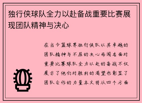 独行侠球队全力以赴备战重要比赛展现团队精神与决心