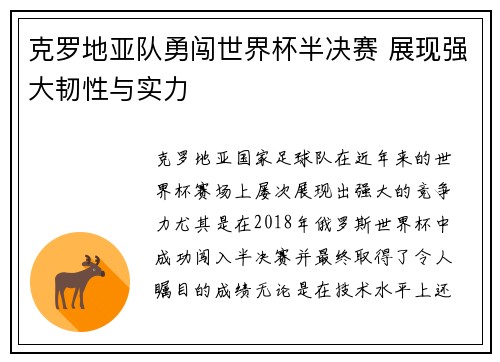 克罗地亚队勇闯世界杯半决赛 展现强大韧性与实力