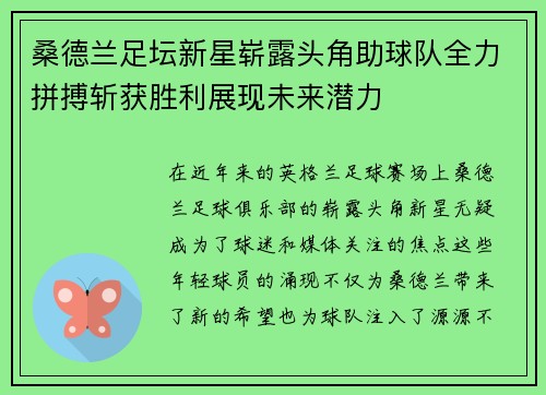 桑德兰足坛新星崭露头角助球队全力拼搏斩获胜利展现未来潜力