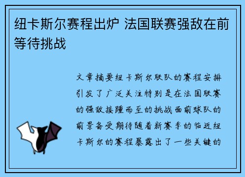 纽卡斯尔赛程出炉 法国联赛强敌在前等待挑战