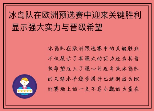 冰岛队在欧洲预选赛中迎来关键胜利 显示强大实力与晋级希望