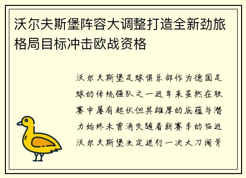 沃尔夫斯堡阵容大调整打造全新劲旅格局目标冲击欧战资格