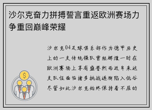 沙尔克奋力拼搏誓言重返欧洲赛场力争重回巅峰荣耀