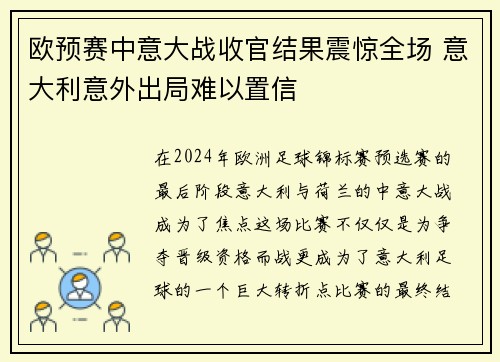 欧预赛中意大战收官结果震惊全场 意大利意外出局难以置信