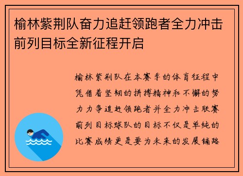 榆林紫荆队奋力追赶领跑者全力冲击前列目标全新征程开启