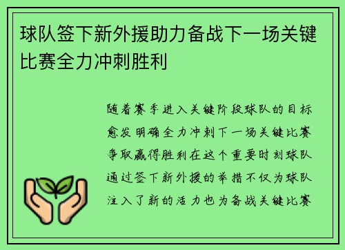 球队签下新外援助力备战下一场关键比赛全力冲刺胜利