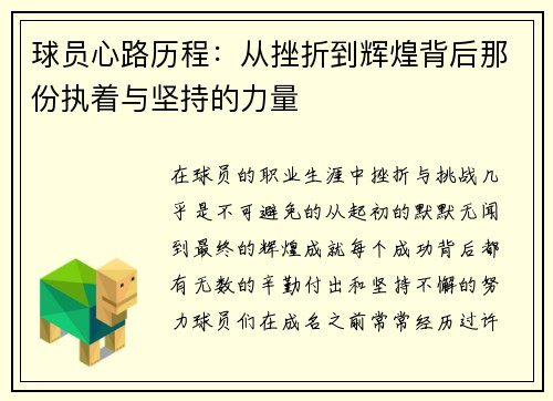球员心路历程:从挫折到辉煌背后那份执着与坚持的力量