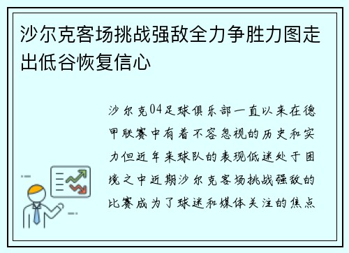 沙尔克客场挑战强敌全力争胜力图走出低谷恢复信心
