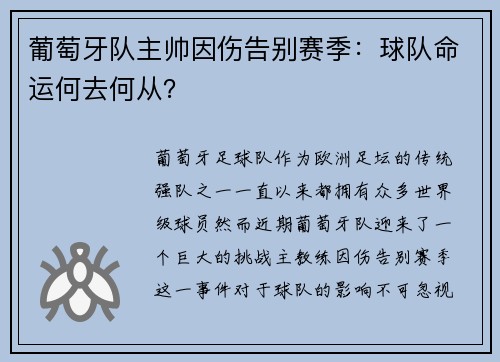 葡萄牙队主帅因伤告别赛季:球队命运何去何从?