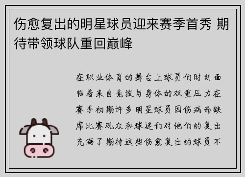 伤愈复出的明星球员迎来赛季首秀 期待带领球队重回巅峰
