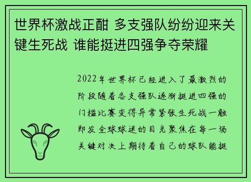 世界杯激战正酣 多支强队纷纷迎来关键生死战 谁能挺进四强争夺荣耀