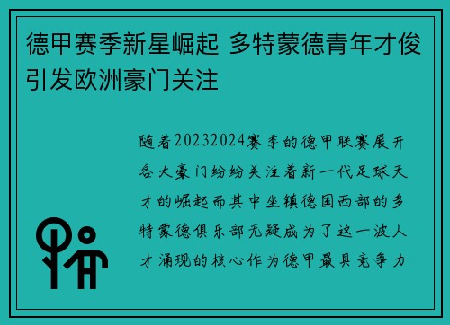 德甲赛季新星崛起 多特蒙德青年才俊引发欧洲豪门关注
