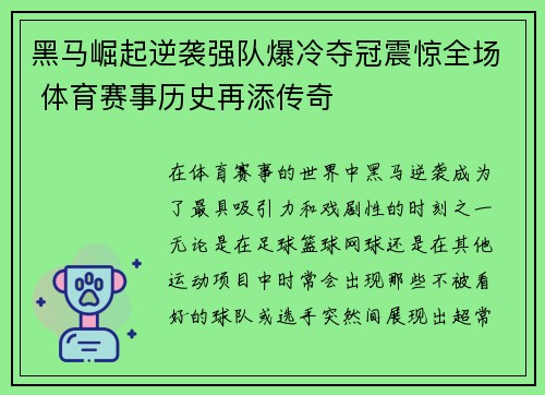 黑马崛起逆袭强队爆冷夺冠震惊全场 体育赛事历史再添传奇